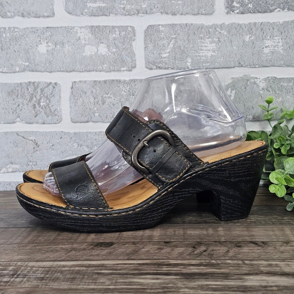 Born Leather Sandals Women's 9M Black Chunky Heel Comfort Buckle Strap B02503 - Picture 2 of 7